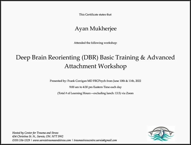 dbr-training-certificate-ayan-mukherjee Deep Brain Reorienting Certificate - Ayan Mukherjee with Frank Corrigan - 2022